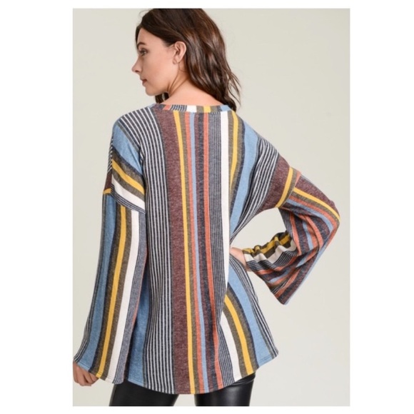 LAST ONE V Neck Striped Bell Sleeve Top - Picture 4 of 14